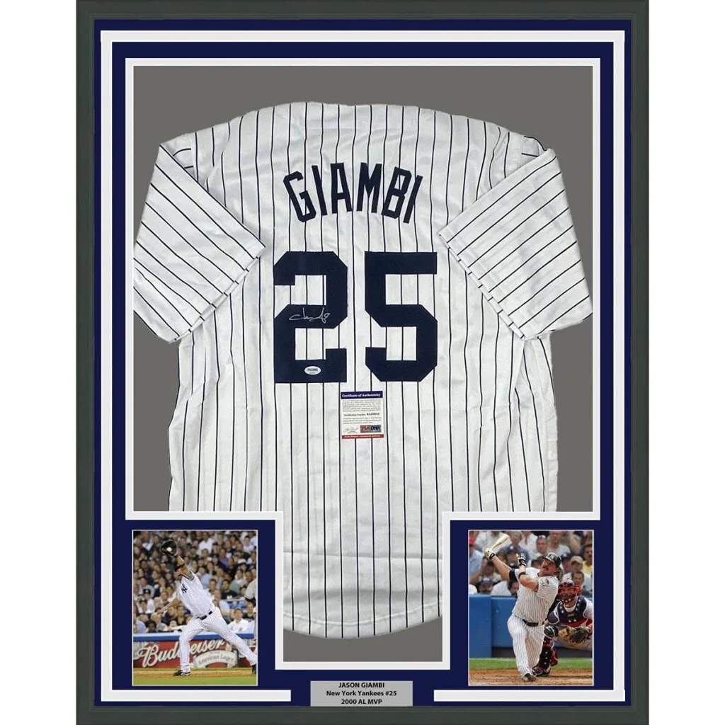 Framed signed Jason Giambi Yankees jersey with photos, perfect for fans and collectors