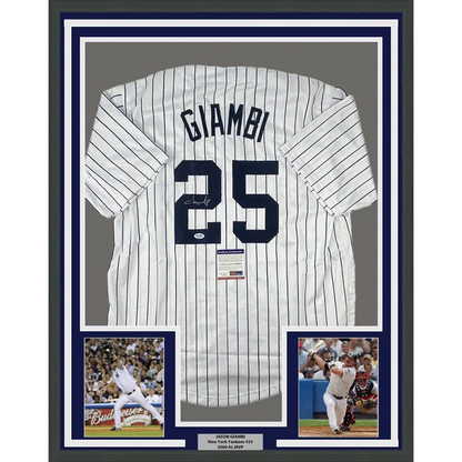 Framed signed Jason Giambi Yankees jersey with photos, perfect for fans and collectors