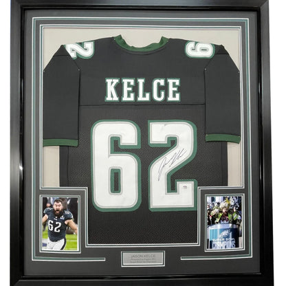Framed autographed Jason Kelce black Eagles jersey back with number 62, PSA/DNA COA