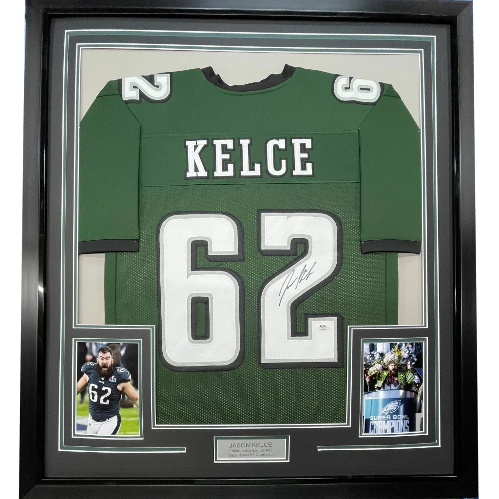 Framed autographed green and white philadelphia eagles football jersey number 62 in black display case