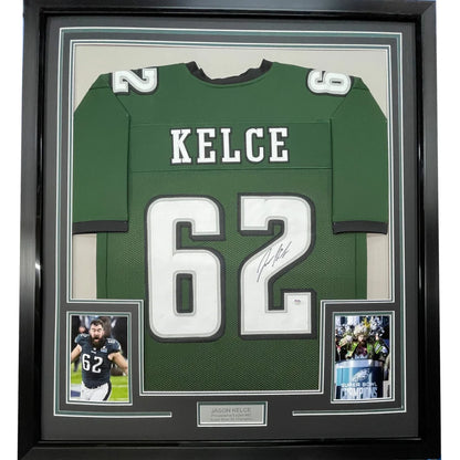 Framed autographed green and white philadelphia eagles football jersey number 62 in black display case