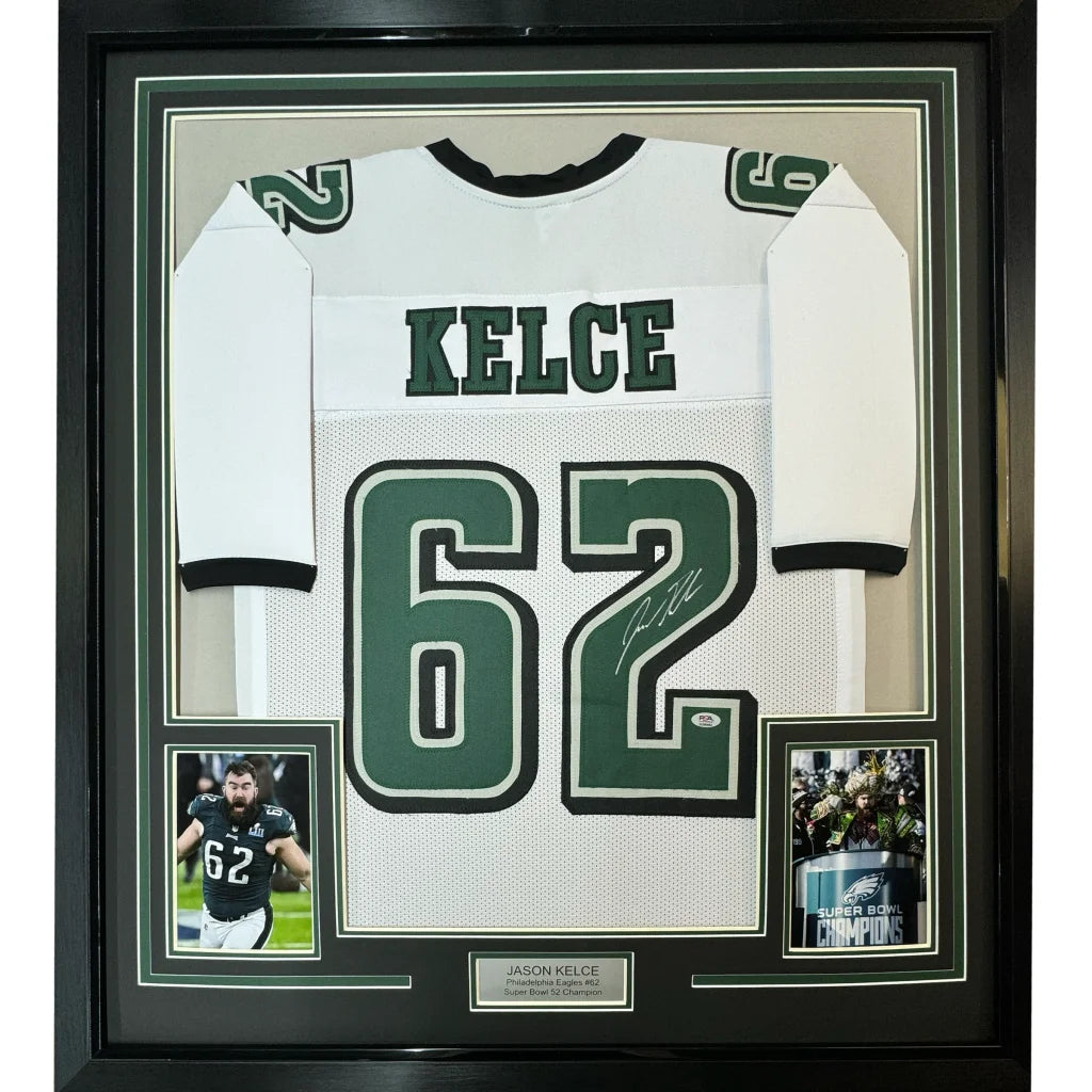 Framed Autographed Jason Kelce 35x39 Philadelphia White Football Jersey PSA/DNA COA | Hall of Fame Sports Memorabilia | vintageantiquesgifts.com