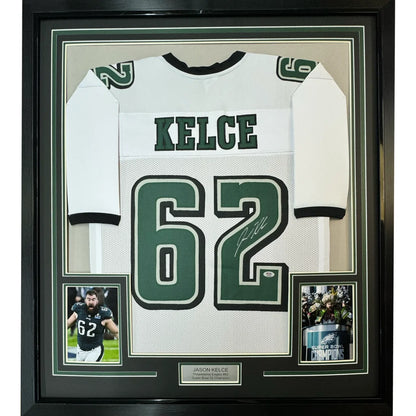 Framed Autographed Jason Kelce 35x39 Philadelphia White Football Jersey PSA/DNA COA | Hall of Fame Sports Memorabilia | vintageantiquesgifts.com