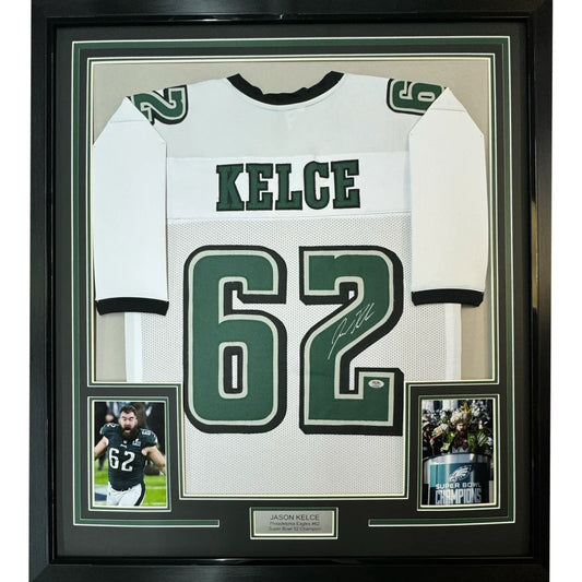 Framed Autographed Jason Kelce 35x39 Philadelphia White Football Jersey PSA/DNA COA | Hall of Fame Sports Memorabilia | vintageantiquesgifts.com