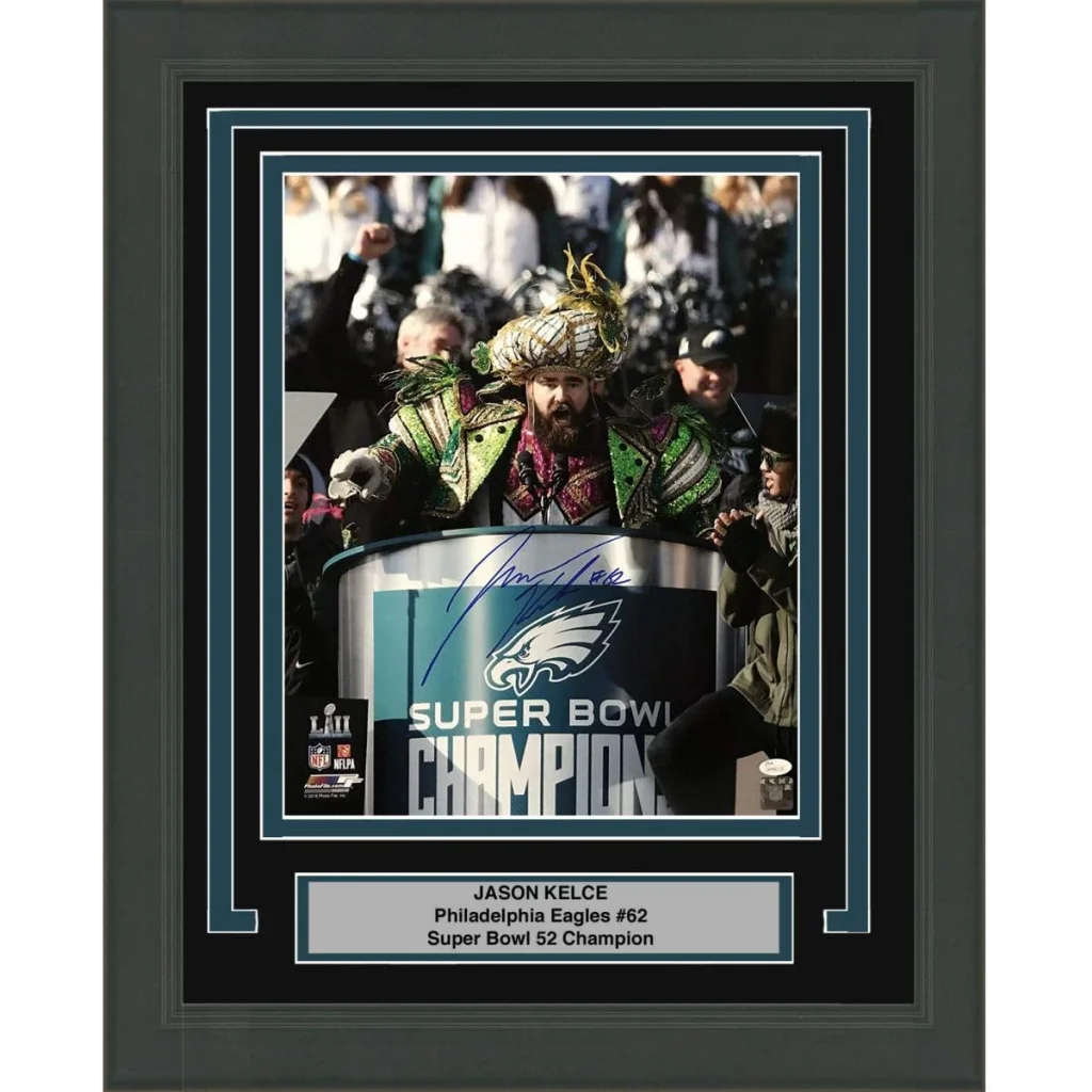 Framed autographed Jason Kelce Super Bowl 52 Eagles photo with PSA/DNA COA