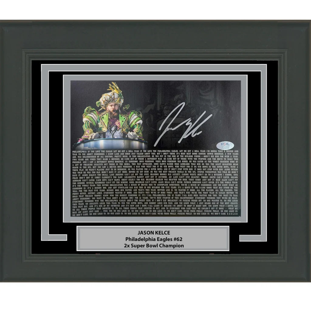 Framed Autographed Jason Kelce Super Bowl Parade Speech Transcript Mummers Philadelphia Eagles 8x10 Football Photo PSA/DNA COA | Hall of Fame Sports Memorabilia | vintageantiquesgifts.com