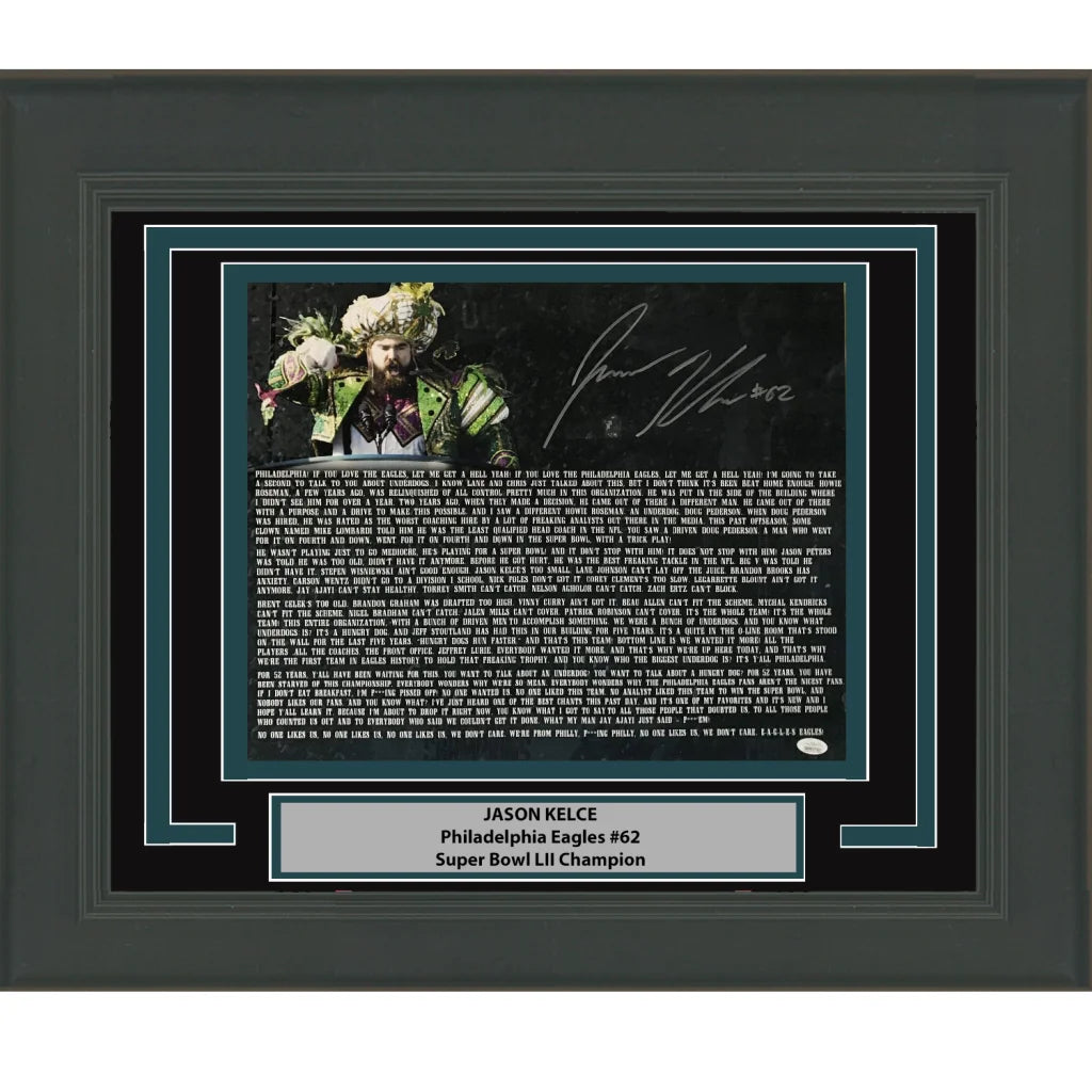 Framed Autographed Jason Kelce Super Bowl Parade Speech Transcript Mummers Philadelphia Eagles 16x20 Football Photo PSA/DNA COA | Hall of Fame Sports Memorabilia | vintageantiquesgifts.com