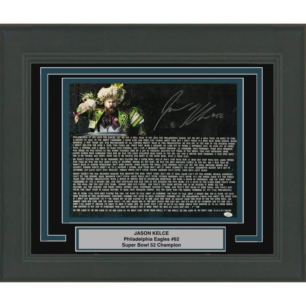 Framed signed Jason Kelce Eagles #62 photo with Super Bowl parade transcript PSA/DNA COA