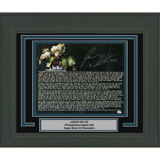 Framed signed Jason Kelce Eagles #62 photo with Super Bowl parade transcript PSA/DNA COA