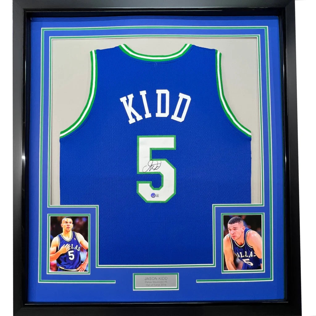 Professionally framed Jason Kidd Dallas retro blue jersey display with player photos