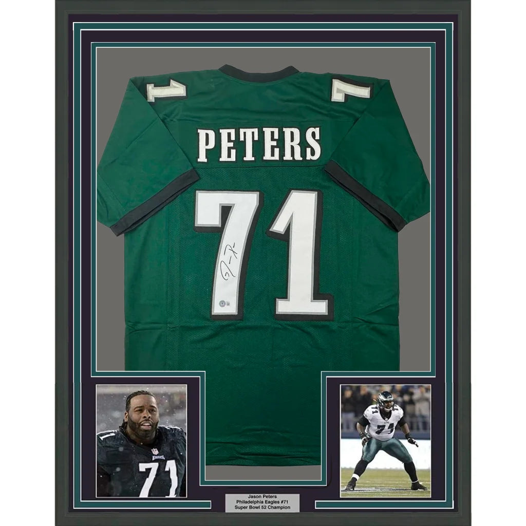 Framed Autographed Jason Peters 35x39 Philadelphia Eagles Green Football Jersey JSA COA | Hall of Fame Sports Memorabilia | vintageantiquesgifts.com
