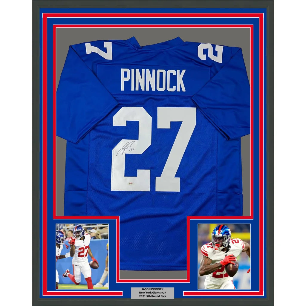 Framed Jayson Pinnock New York Giants signed jersey with photos for sale