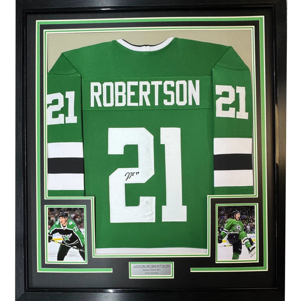 Framed Jason Robertson green hockey jersey with autographs, perfect man cave centerpiece