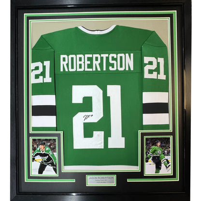 Framed Jason Robertson green hockey jersey with autographs, perfect man cave centerpiece