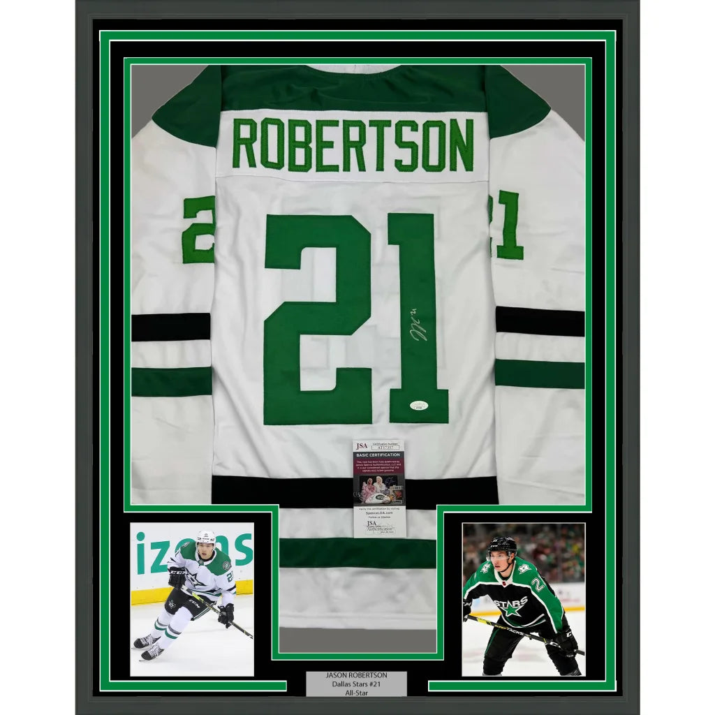 Framed autographed Jason Robertson Dallas Stars white jersey back, number 21