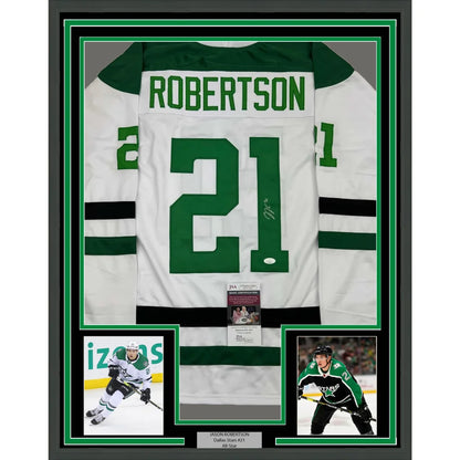 Framed autographed Jason Robertson Dallas Stars white jersey back, number 21