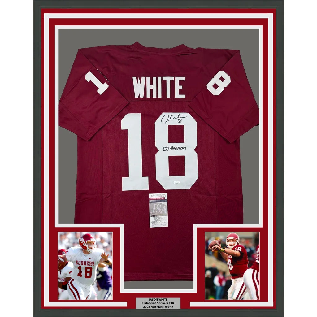 Framed Jason White Oklahoma Sooners signed jersey with action photos and certification hologram
