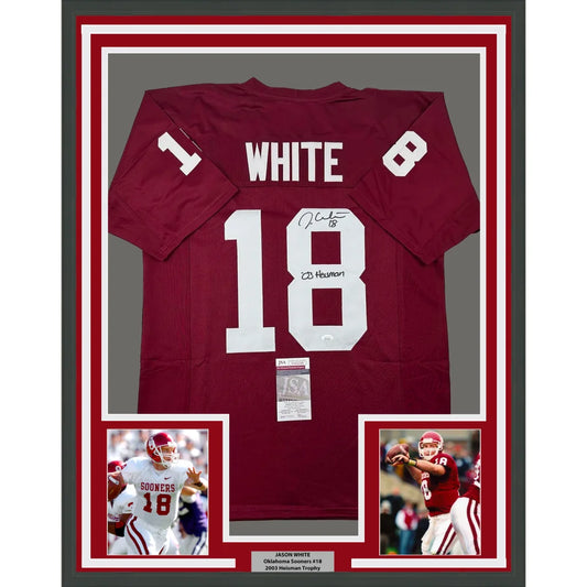 Framed Jason White Oklahoma Sooners signed jersey with action photos and certification hologram