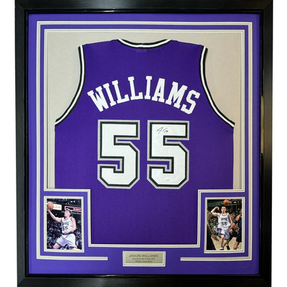 Framed signed Jason Williams purple Sacramento Kings jersey back, #55, PSA/DNA COA
