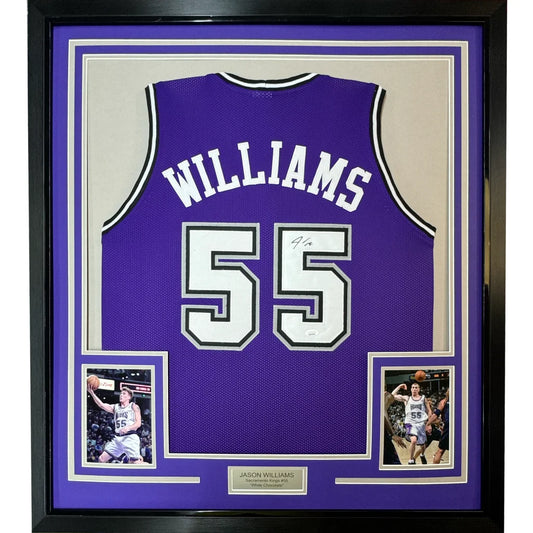 Framed signed Jason Williams purple Sacramento Kings jersey back, #55, PSA/DNA COA