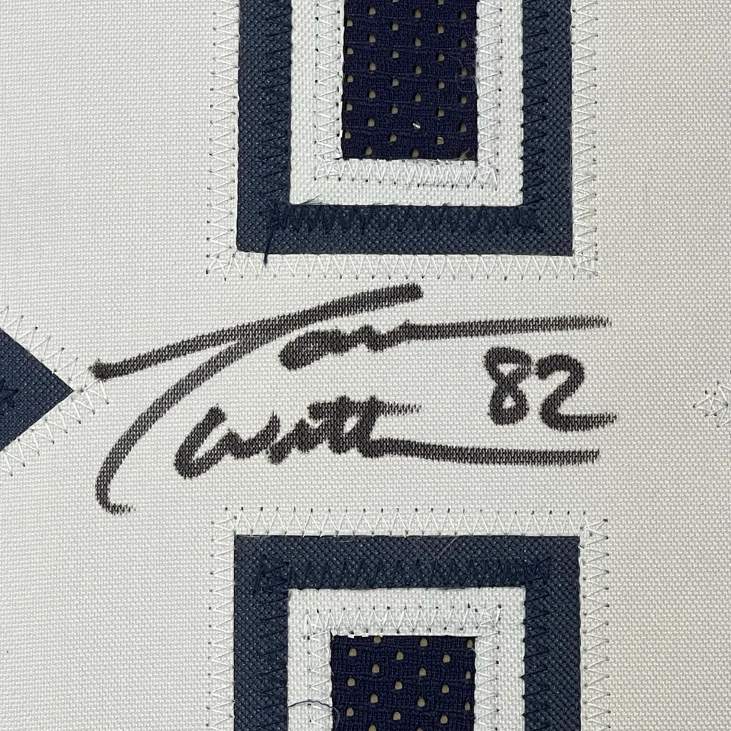 Framed autographed Jason Witten Dallas dark blue football jersey with Trent 82 signature