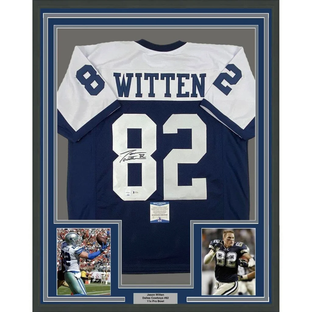 Framed Jason Witten autographed blue and white football jersey