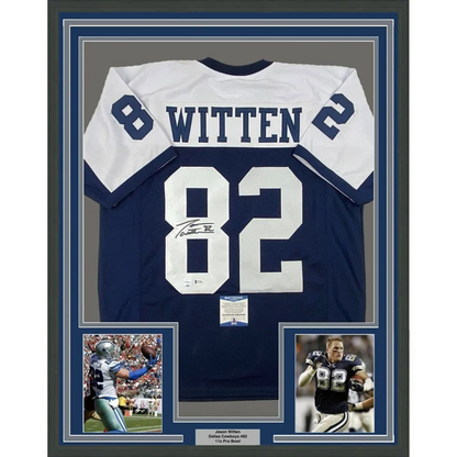 Framed Jason Witten autographed blue and white football jersey