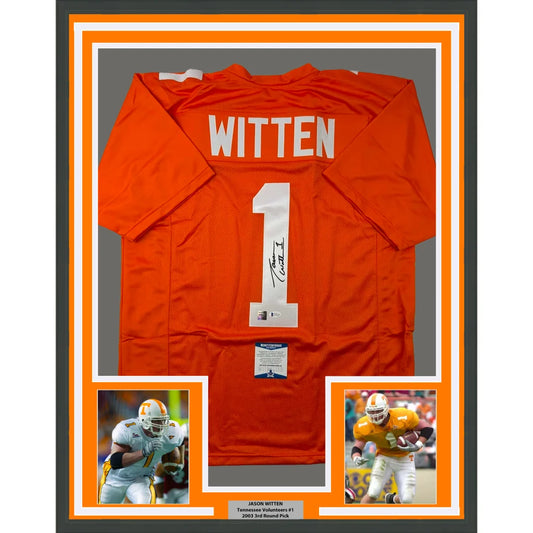 Back side of framed autographed tennessee orange college football jersey with white number one and witten name