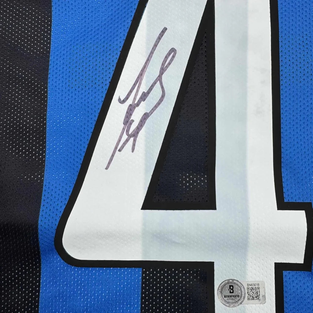 Framed autographed Javier Zanetti Inter Milan blue-black mesh jersey with white number 4