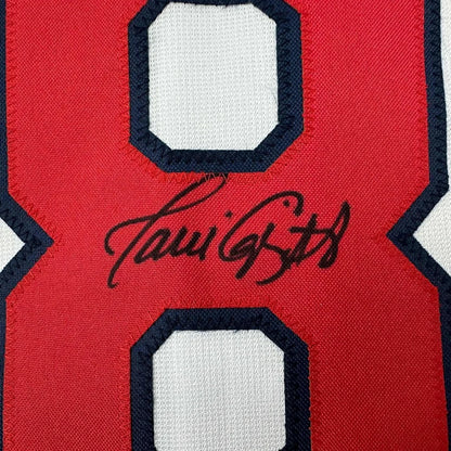 Red fabric with black and white 8 and Javy Lopez autograph, perfect for your man cave