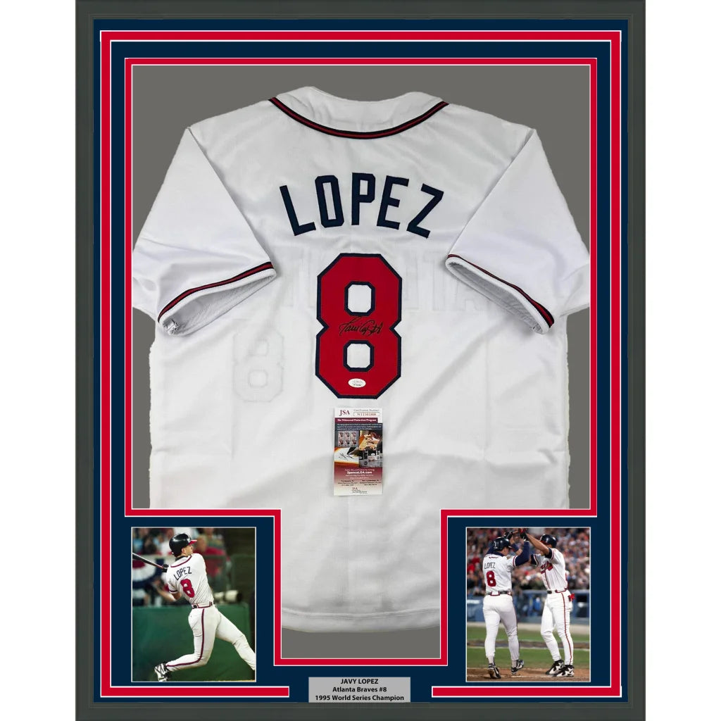 Framed Javy Lopez Atlanta Braves white signed jersey with photos, perfect for your man cave