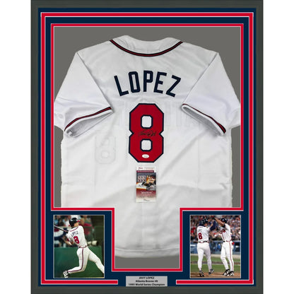 Framed Javy Lopez Atlanta Braves white signed jersey with photos, perfect for your man cave