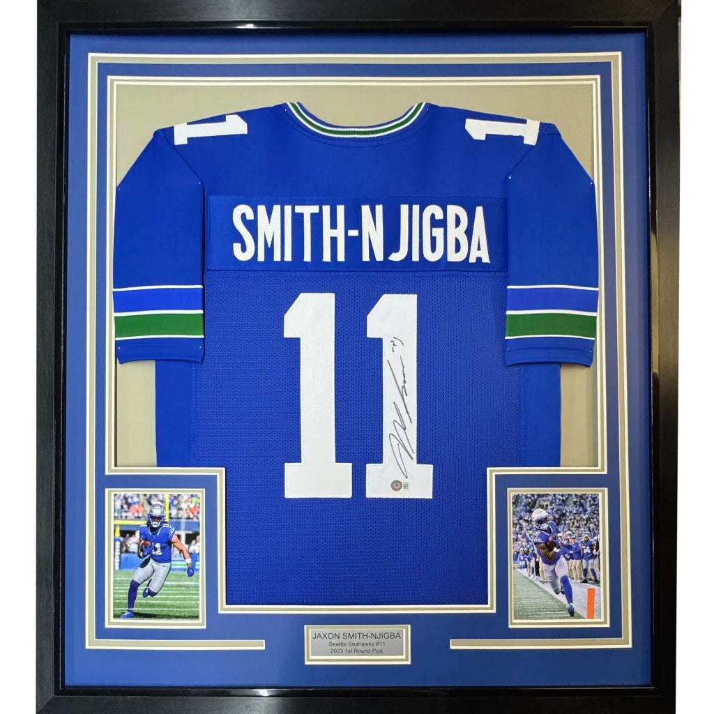 Framed autographed blue seattle seahawks jersey with white number 11 smith-njigba and green sleeve stripes