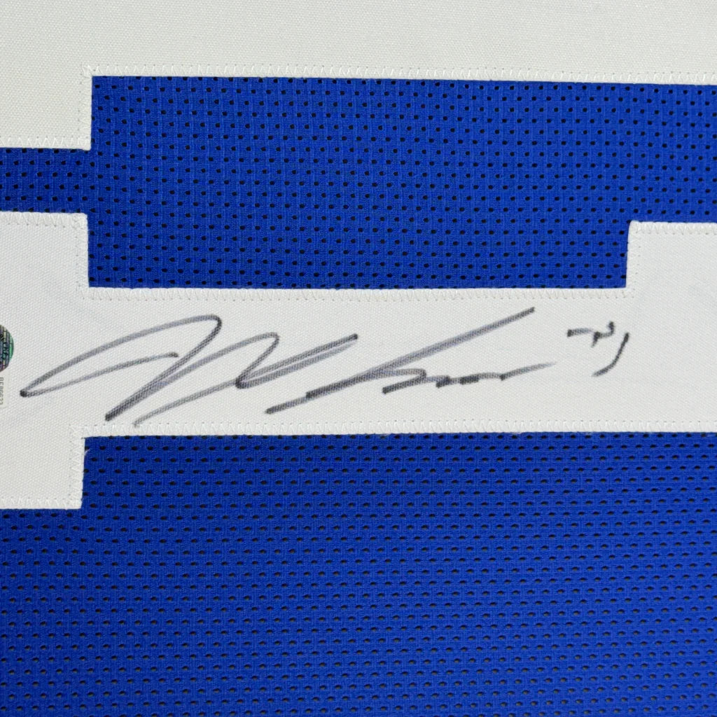 Framed autographed blue and white mesh seattle retro football jersey signed by jaxon smith-njigba displayed 35x39 inches