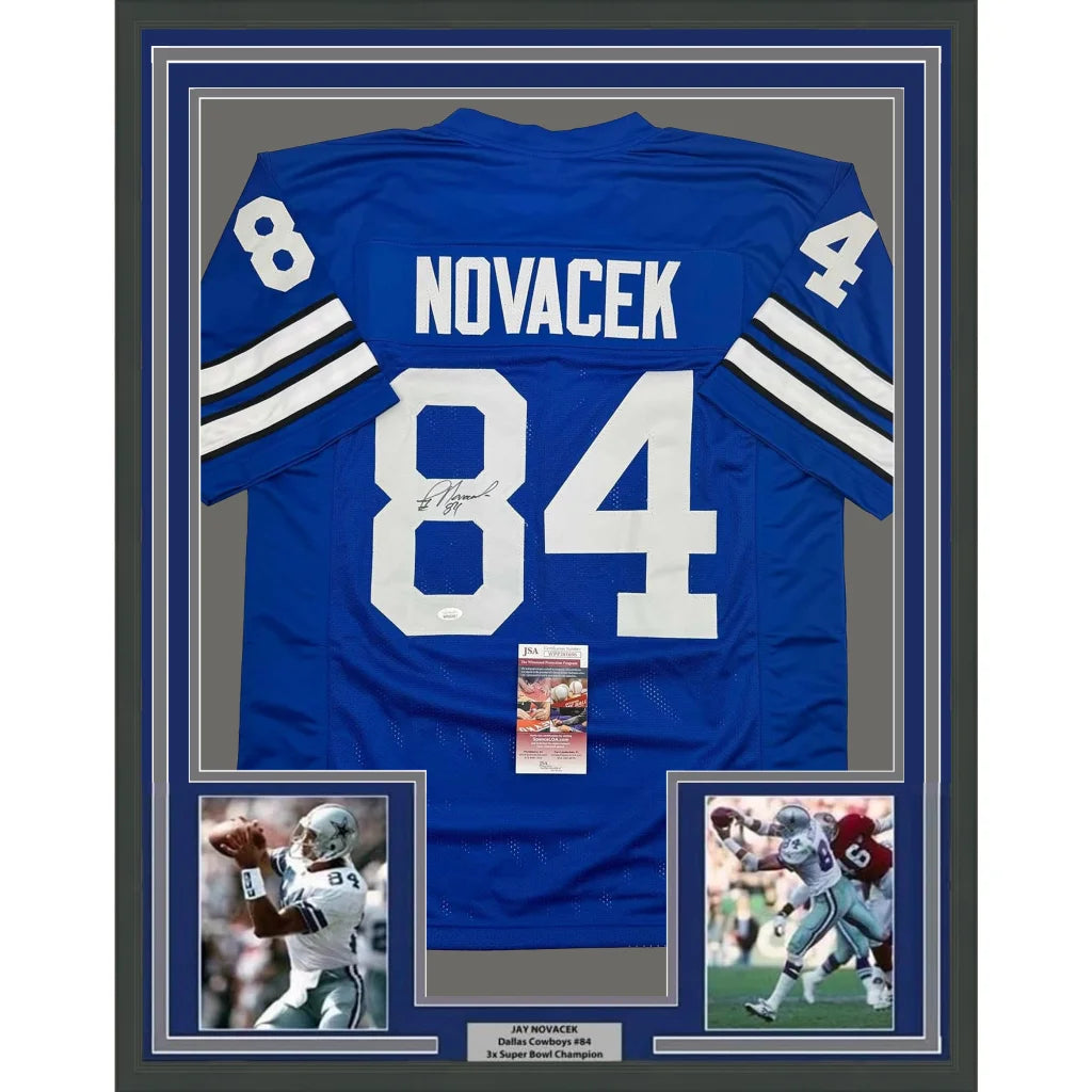 Framed and autographed Blue Jay Novacek Dallas Cowboys Jersey with photos and certificate