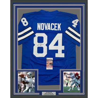Framed and autographed Blue Jay Novacek Dallas Cowboys Jersey with photos and certificate