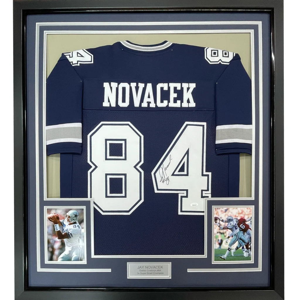 Framed Jay Novacek Dallas Cowboys autographed jersey perfect for your man cave
