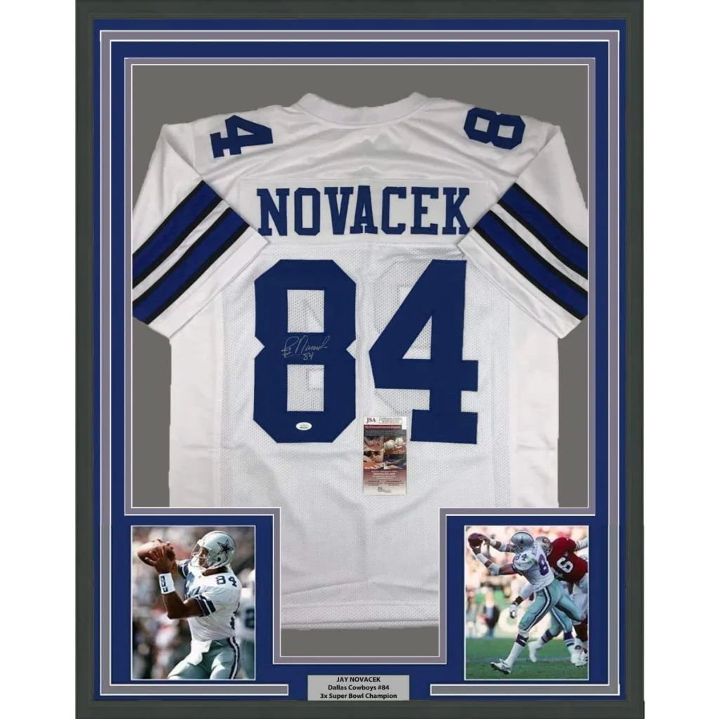 Professionally framed Jay Novacek Dallas Cowboys jersey with autographs and player photos
