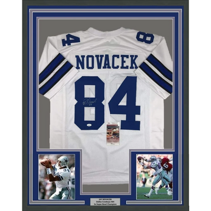 Professionally framed Jay Novacek Dallas Cowboys jersey with autographs and player photos