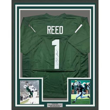 Framed Autographed Jayden Reed 35x39 Michigan State Green College Football Jersey JSA COA | Hall of Fame Sports Memorabilia | vintageantiquesgifts.com