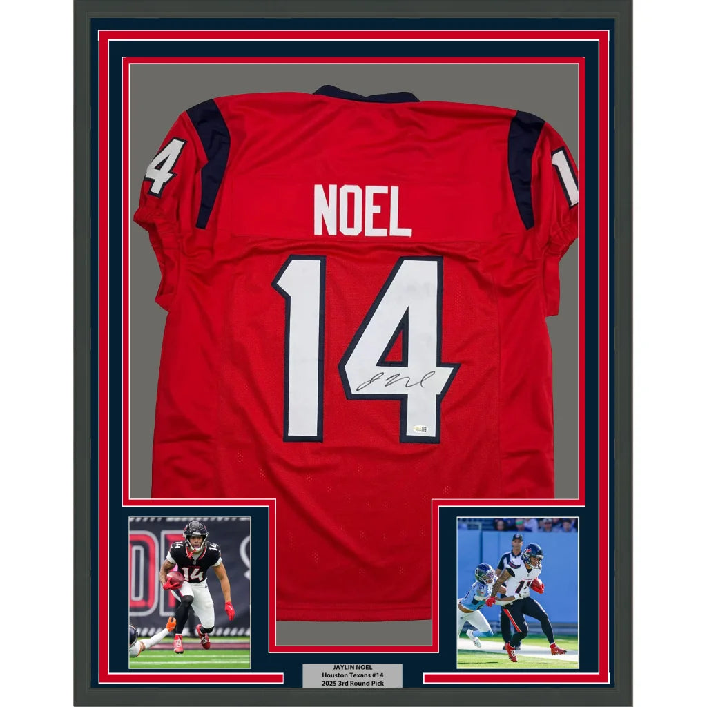 Framed Autographed Jaylin Noel 35x39 Houston Red Football Jersey JSA COA | Hall of Fame Sports Memorabilia | vintageantiquesgifts.com