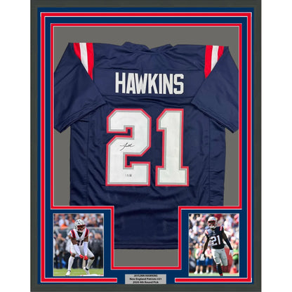 Framed Autographed Jaylinn Hawkins 35x39 New England Blue Football Jersey Beckett BAS COA | Hall of Fame Sports Memorabilia | vintageantiquesgifts.com