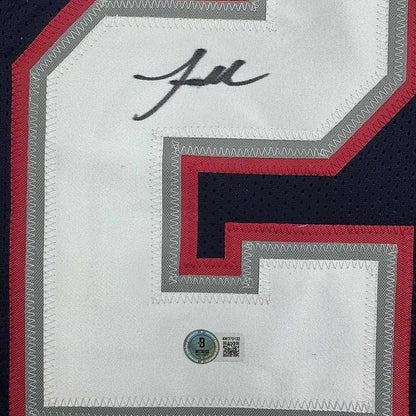 Framed Autographed Jaylinn Hawkins 35x39 New England Blue Football Jersey Beckett BAS COA | Certified Authentic Signed Memorabilia | vintageantiquesgifts.com