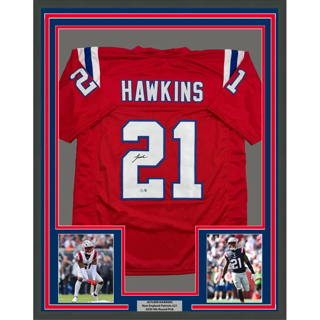 Framed Autographed Jaylinn Hawkins 35x39 New England Red Football Jersey Beckett BAS COA | Hall of Fame Sports Memorabilia | vintageantiquesgifts.com