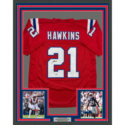 Framed Autographed Jaylinn Hawkins 35x39 New England Red Football Jersey Beckett BAS COA | Hall of Fame Sports Memorabilia | vintageantiquesgifts.com