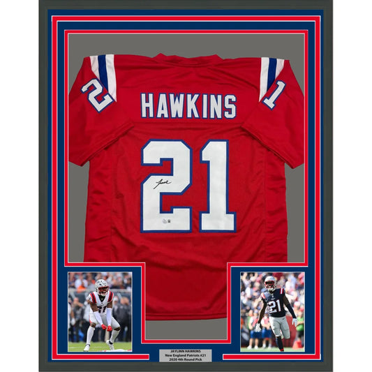 Framed Autographed Jaylinn Hawkins 35x39 New England Red Football Jersey Beckett BAS COA | Hall of Fame Sports Memorabilia | vintageantiquesgifts.com