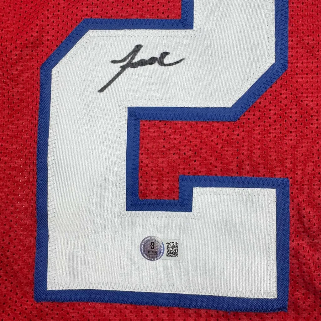 Framed Autographed Jaylinn Hawkins 35x39 New England Red Football Jersey Beckett BAS COA | Certified Authentic Signed Memorabilia | vintageantiquesgifts.com