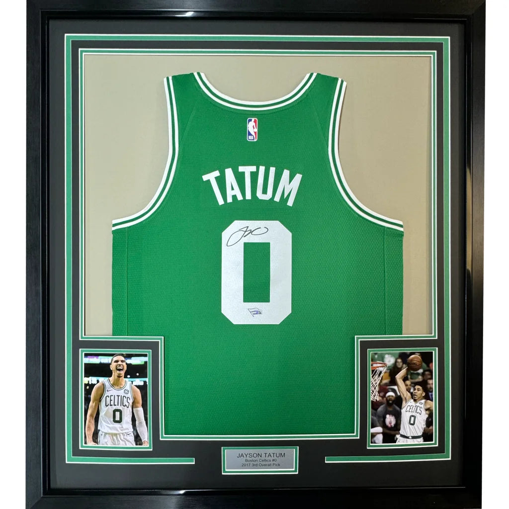 Framed Autographed Jayson Tatum 35x39 Boston Celtics Green Basketball Jersey Fanatics COA | Hall of Fame Sports Memorabilia | vintageantiquesgifts.com
