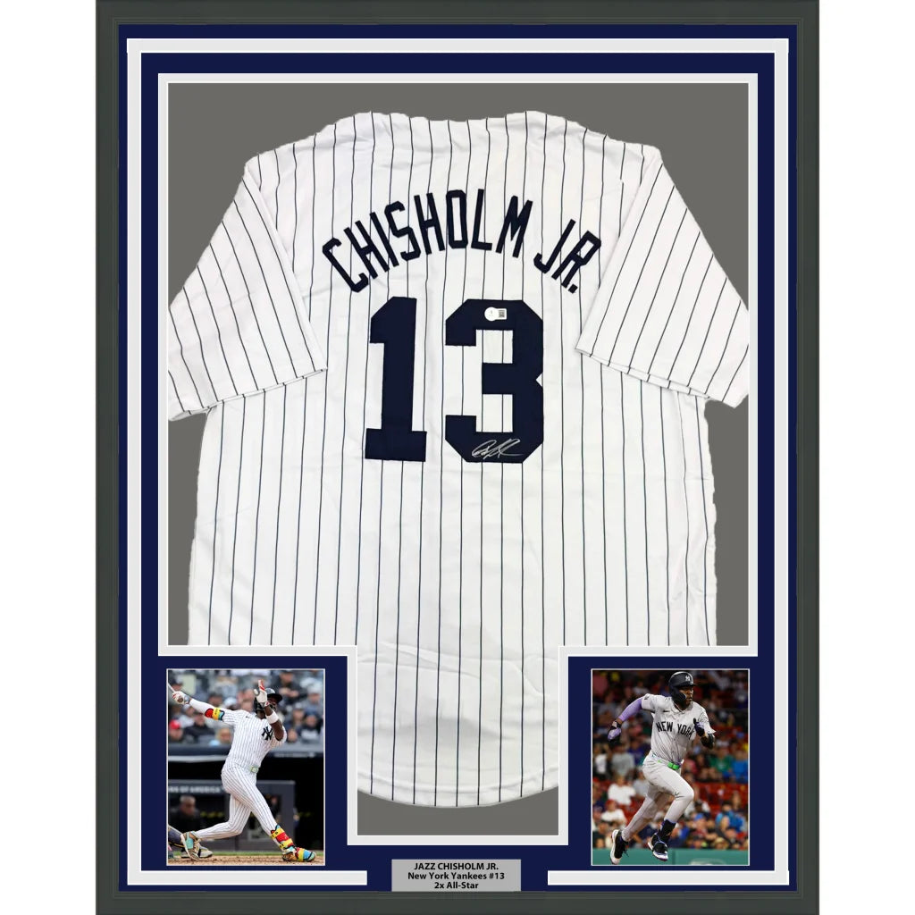 Framed autographed Jazz Chisholm Jr. white pinstripe Yankees jersey with number 13, Beckett BAS COA