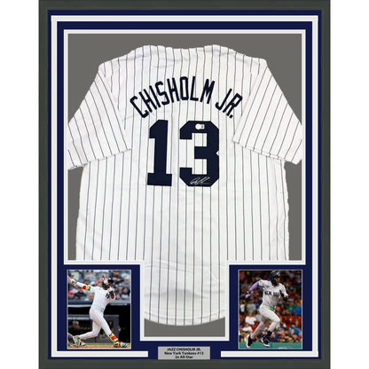 Framed autographed Jazz Chisholm Jr. white pinstripe Yankees jersey with number 13, Beckett BAS COA